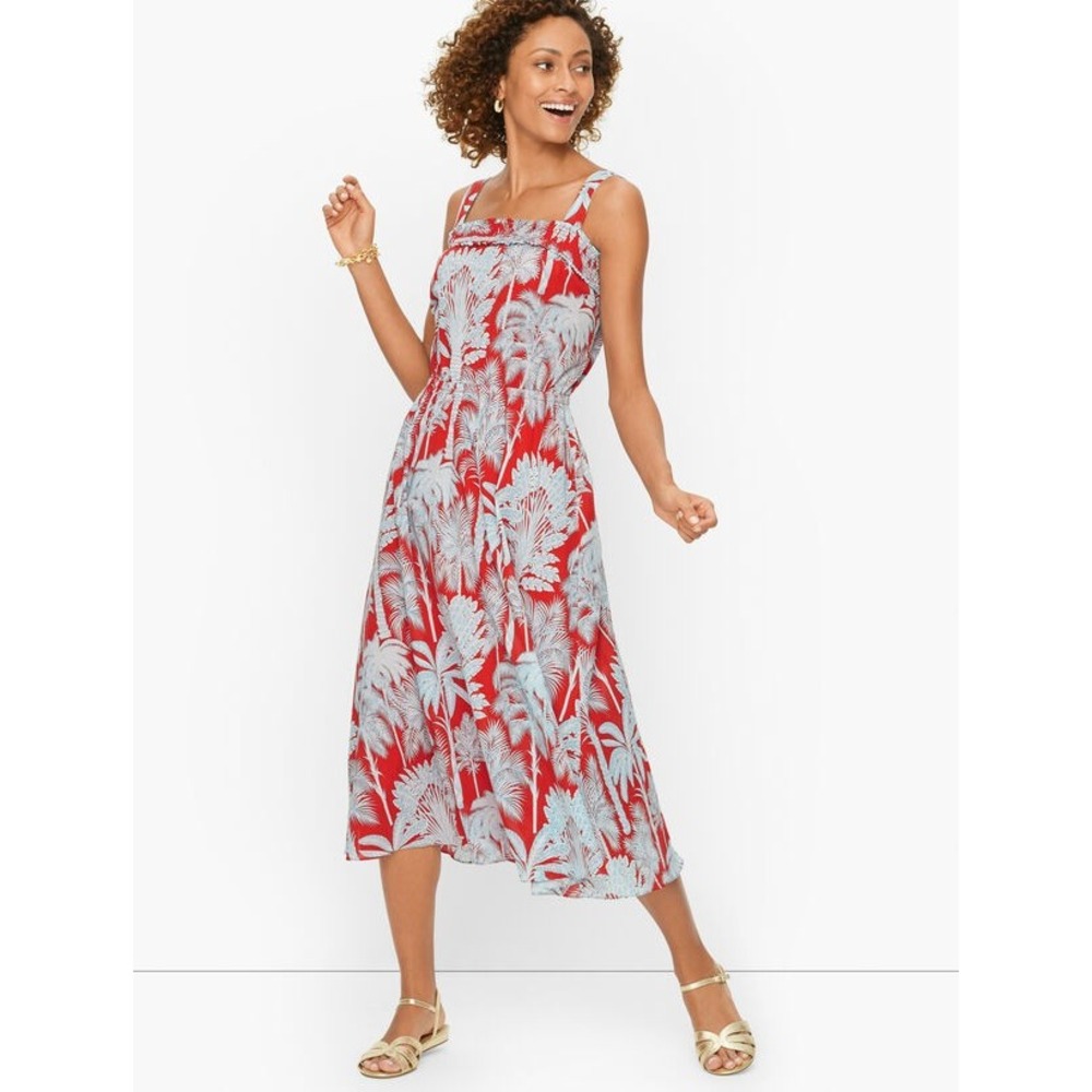 Talbots Resort Tropical Palm Tree Smocked Midi Dress Size 2 Red Blue Cotton NWT